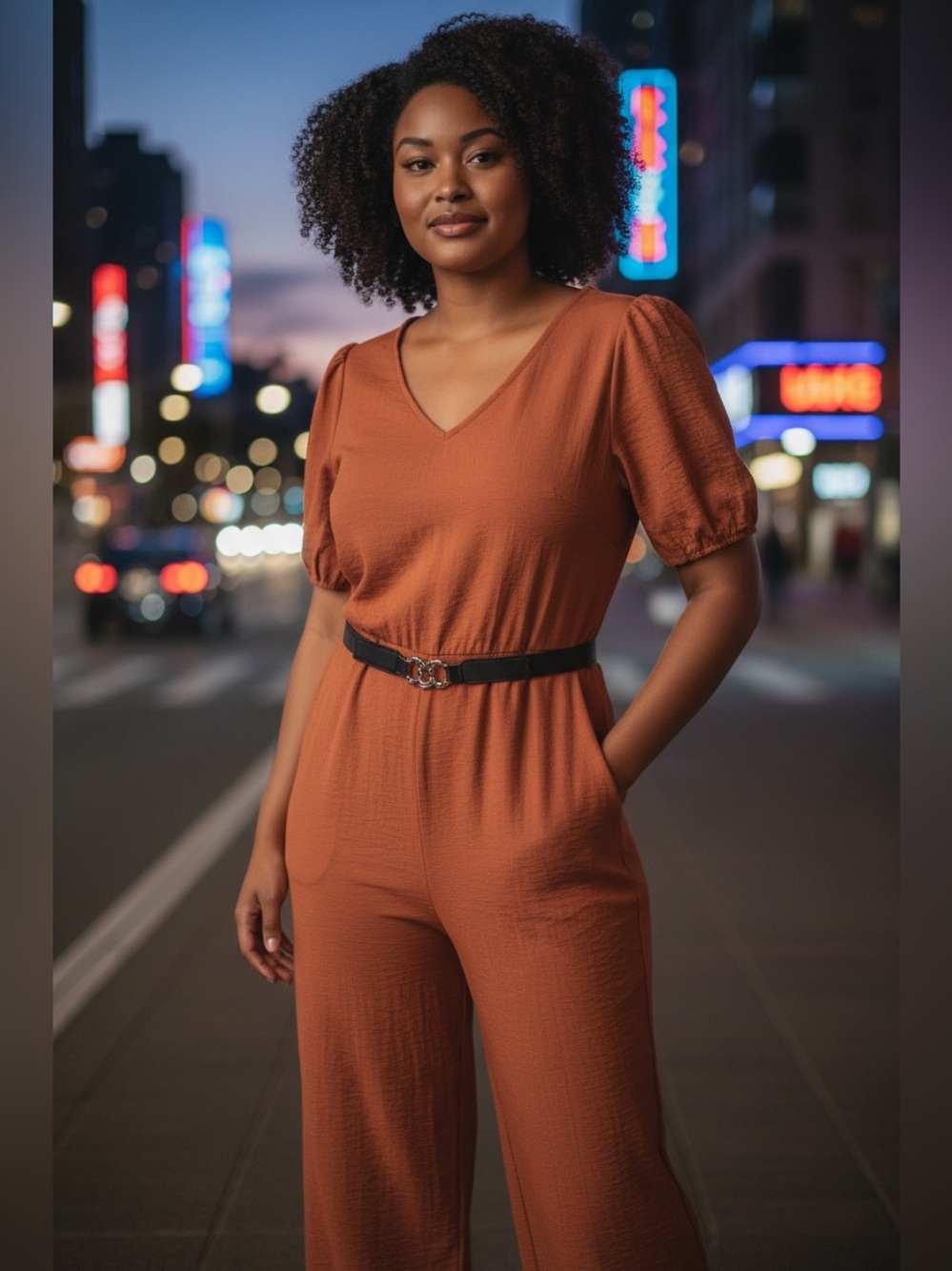 Wide-Leg V-Neck Rust Orange Jumpsuit with Puff Sleeves